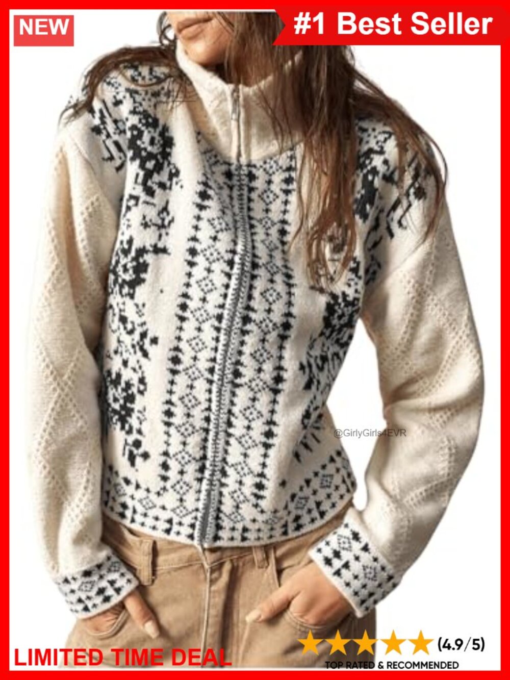 Floral Embroidered Boho Zip Up Cardigan Sweater Mock Neck Long Sleeve